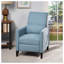 Fauteuil contemporain inclinable en tissu bleu clair avec accoudoirs cloutés et pieds en bois de bouleau