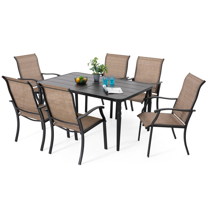 Patio PVC-coated polyester Dining Set Of 7 With Umbrella Hole, Black