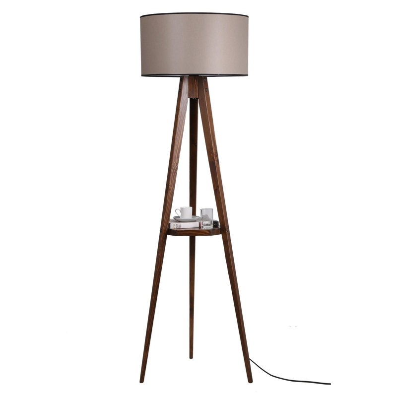 Luro Elegant Wooden Floor Lamp with Shelf, Walnut Finish, 60W E27 Socket | Total Height: 60.4 inches, Shelf Size: 10.2 x 10.2 inches | On/Off Switch on Cable, Electrostatic Oven Dried Paint | Stylish Lighting for Home Decor