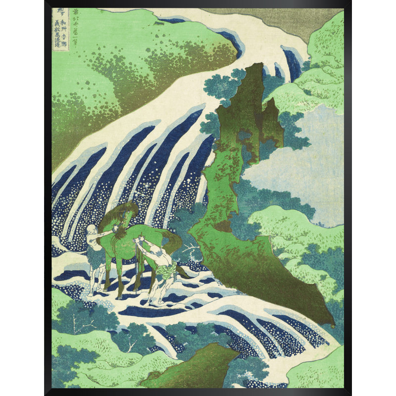 « japanese cascade » par katsushika hokusai,, reproduction d’art encadrée en vert et bleu, H 28 po x l 22 po