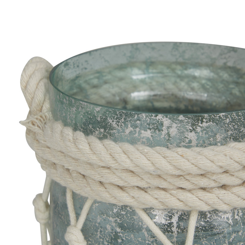 Glass Decorative Indoor Outdoor Candle Lantern with Rope Handle, 14" H x 5" W x 5" D, Teal