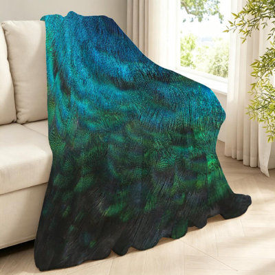 Green Ultra Soft Flannel Fleece Throw Blanket,Peacock Bird Feathers Single-Sided Print