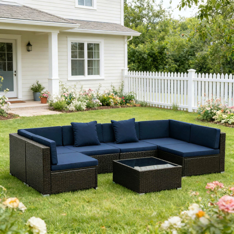 Outdoor Conversation Sofa Set,Garden Rattan Furniture Set,7-Piece Outdoor Wicker Sofa Set, Navy, Brown