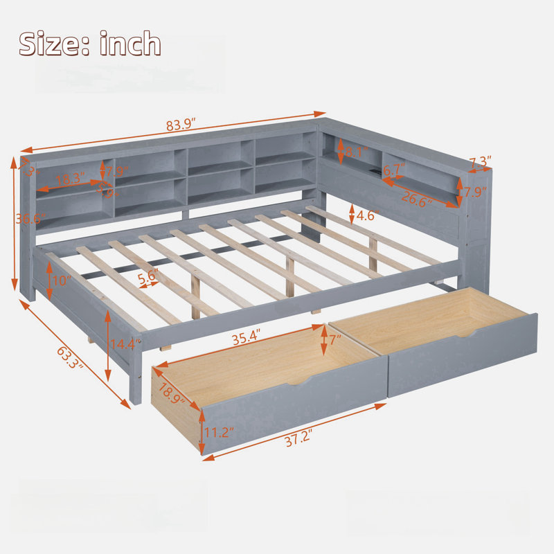 Wooden Daybed With 2 Drawers, Storage Shelf And Usb Charging Ports, Gray