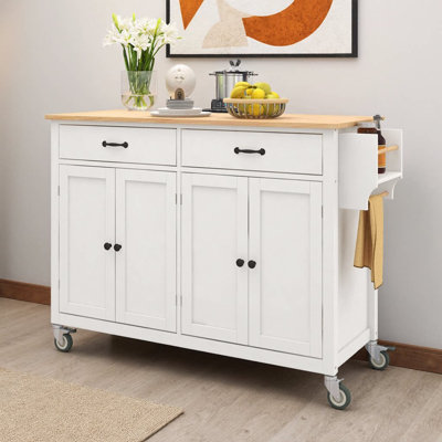 Chariot pour îlot de cuisine 54,3 po avec plateau en bois massif et roulettes verrouillables | Îlot de cuisine avec armoire à 4 portes, 2 tiroirs, support à épices et porte-serviettes | Chariot de cuisine roulant pour la salle à manger