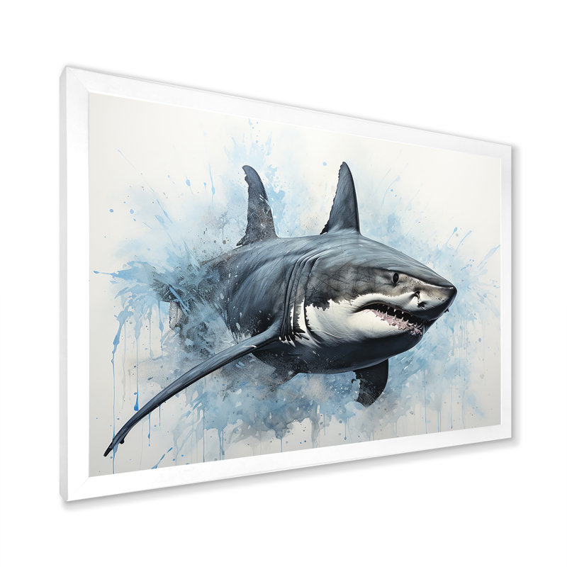 " Minimalism Blue Shark Painting I ", 34" H x 44" W x 1.5" D, White Single Picture Framed