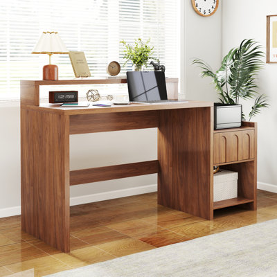 Computer Desk With 1 Drawer, Built-in Power Outlets, Printer Shelf, And Storage Space, Mid-century Modern Writing Desk