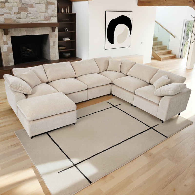 129" Extra-Wide Modular Sectional Sofa - 7-Seater Diamond Weave Polyester, Beige Polyester