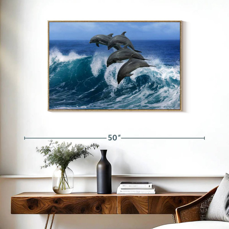 Dauphins à Hawaï, Cadre flottant en bois naturel, 37 po x 25 po
