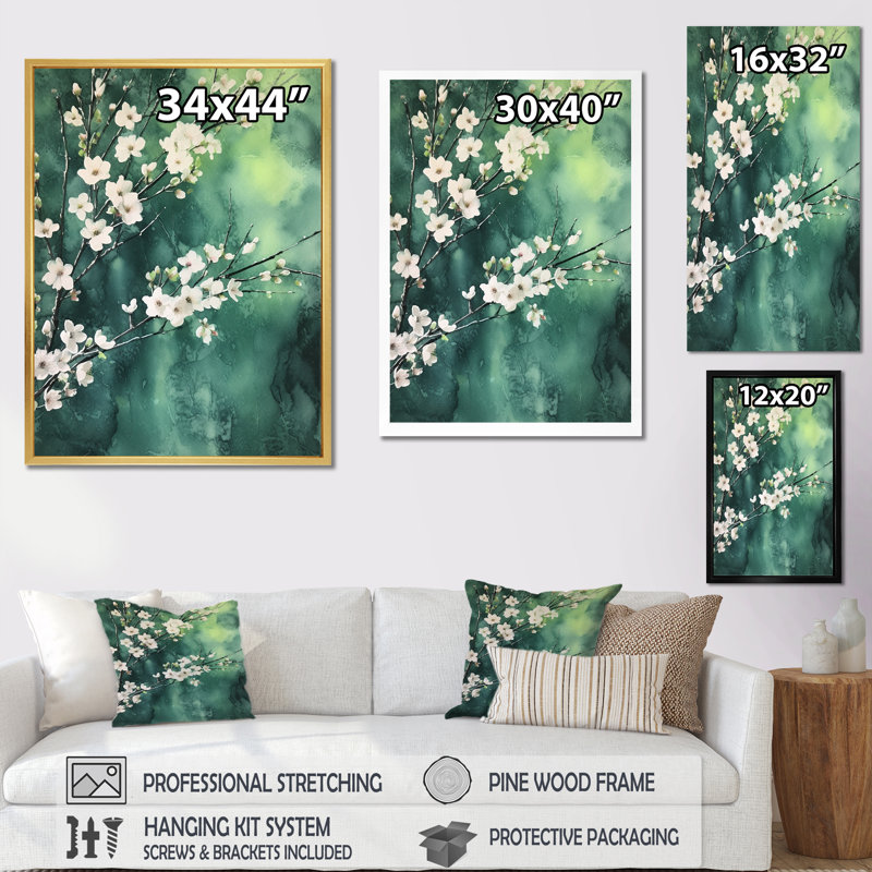 «Emerald Cherry Blossoms Symphony I», reproduction sur toile, Cadre simple argenté, H 40 po x l 30 po x P 1,5 po