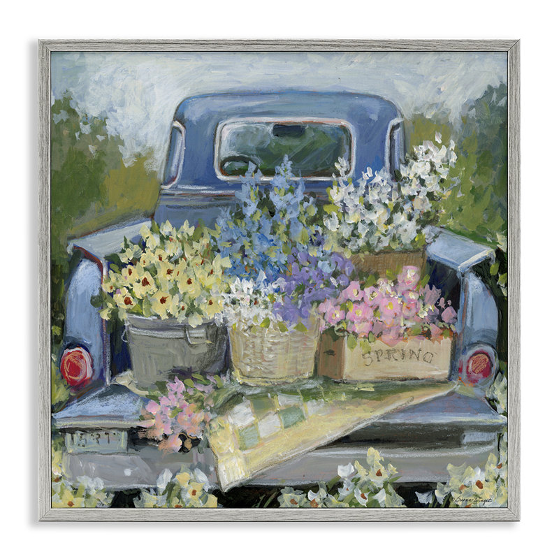 Camion-lit avec fleurs, estampe numérique, conception par Susan Winget, Giclée de ferme grise encadrée, H 12 po x l 12 po