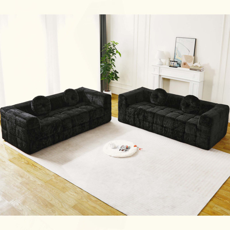 Canapé moderne sans os avec deux coussins décoratifs circulaires, tissu en polyester à poils longs texturé litchi doux pour la peau, canapé en mousse à carreaux