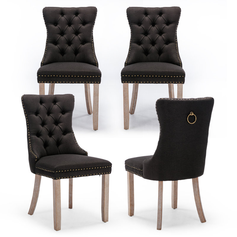 Linen Fabric Upholstered Dining Chairs Set of 4,Black, Natural Wood, Black