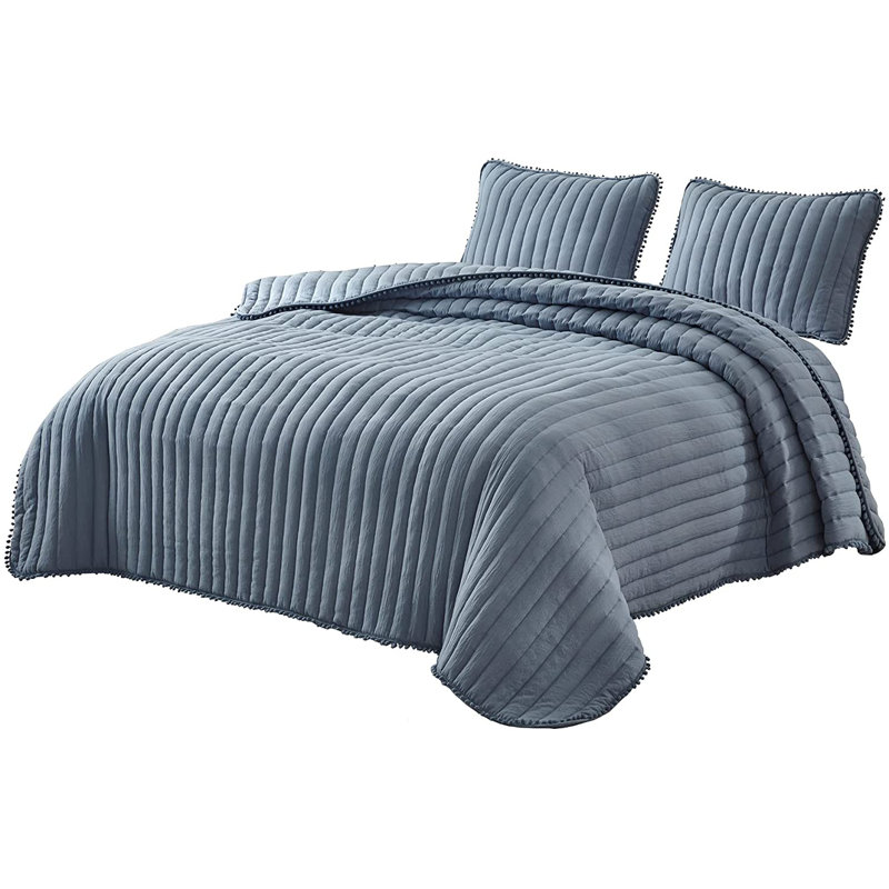 Washed Microfiber Channel Stitch Pom Pom Quilt Set, Twin Quilt + 1 Standard Sham, Pink