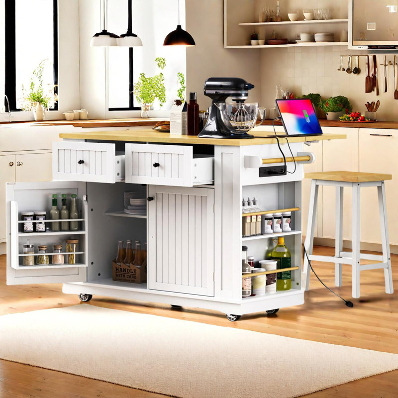 Îlot de cuisine 48 pouces avec rallonge, prise de courant, support de rangement, 5 roulettes, supports latéraux ouverts