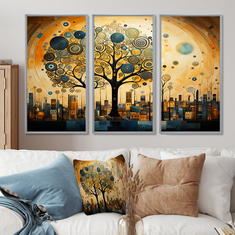 Art nouveau en spirale arbre Pittoresque Town II - ensemble de reproduction d'art mural arbre, Encadrement argenté