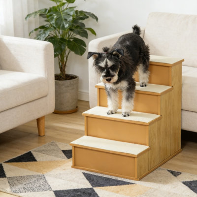 Escalier pour animaux en bois à 4 marches, marchepied en MDF naturel pour animaux de compagnie âgés et à mobilité réduite, courte rampe pour animaux de compagnie à coussin amovible de 66 lb pour canapé-lit