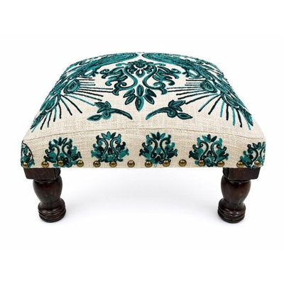 Bohemian Embroidered Upholstered Foot Stool, Decorative Ottoman for Living Room & Bedroom