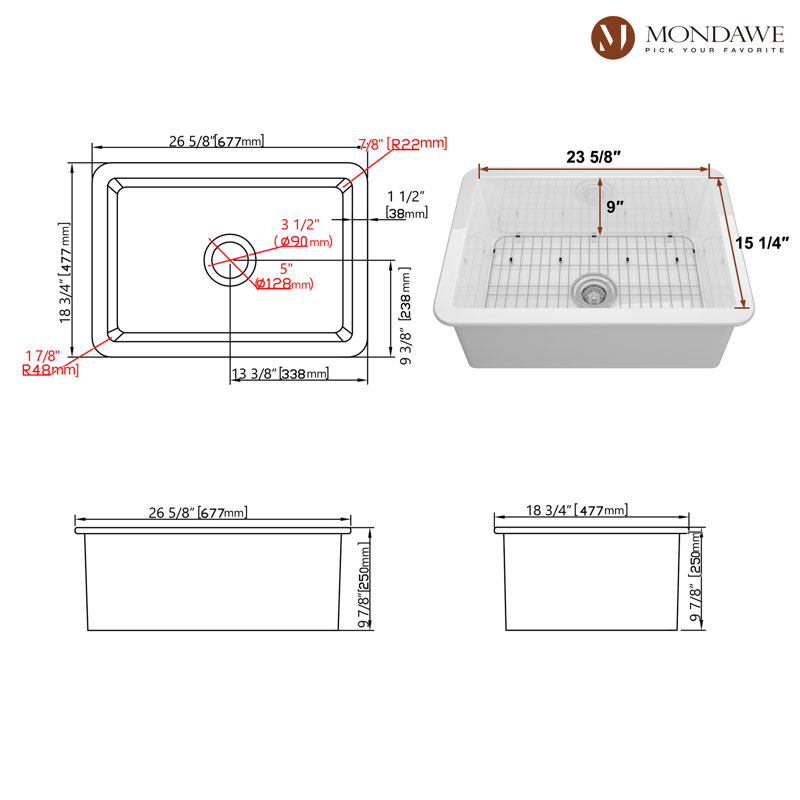 27'' L Single Bowl Fireclay Kitchen Sink, White