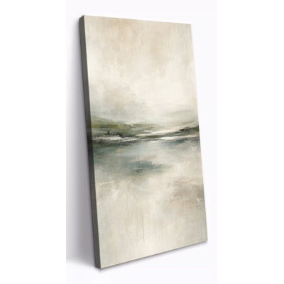 «Neutral Misty Horizon», art abstrait sur toile, couches d'ambiance beige, gris et sauge pour chambre à coucher, décor tendu avec châssis, prêt à accrocher, 16 x 32 po