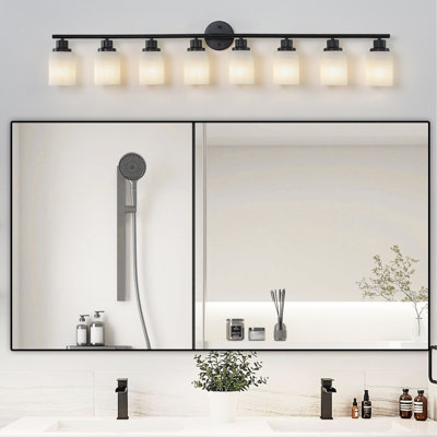 52" Modern 8-Light Vanity Bathroom Mirror Light, Frosted White Glass with Black Iron Frame, Contemporary Wall Sconce for Bedroom, Bathroom, and Dressing Room (Bulb Not Included)