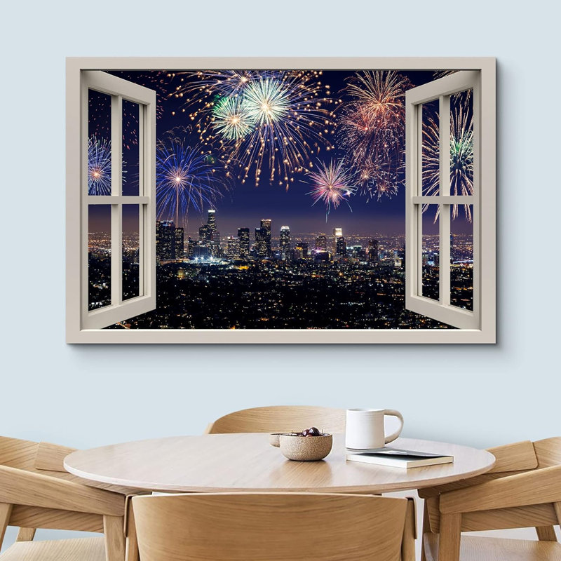 «Window View Vibrant, 4 juillet, feu d'artifice, ciel, célébrations et vacances, images de la nature, paysage» sur toile