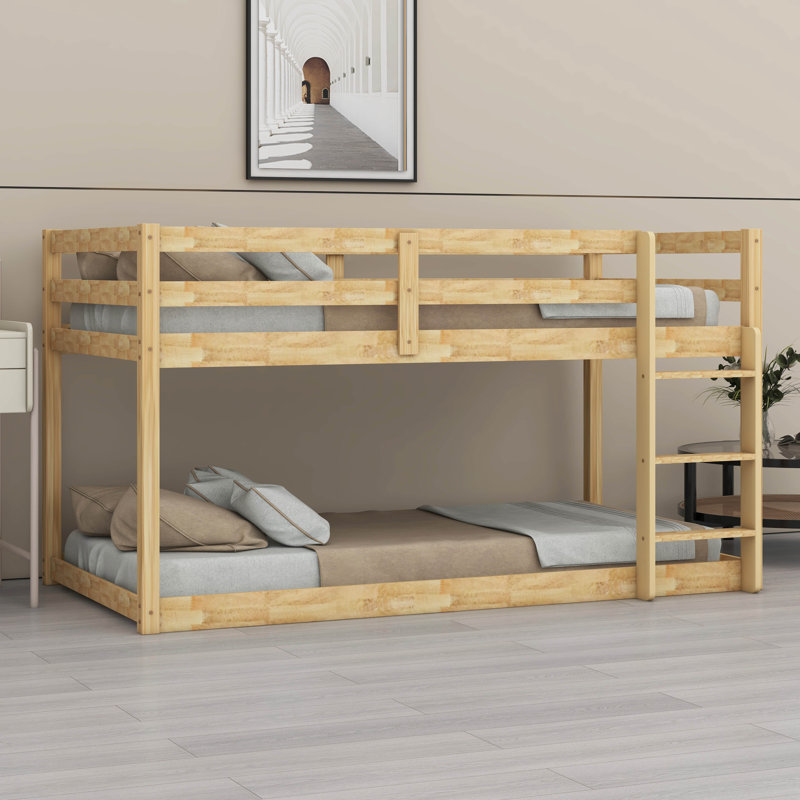 Twin Over Twin Solid Rubber Wooden Floor Bunk Bed – Ladder & Strengthened Slat Bed Platform, Natural