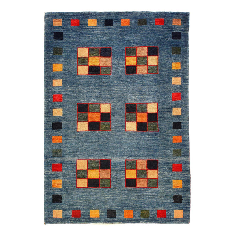 Tapis jaune / bleu à motif géométrique fait à la main 3 pi 4 po x 5 pi Lorayne