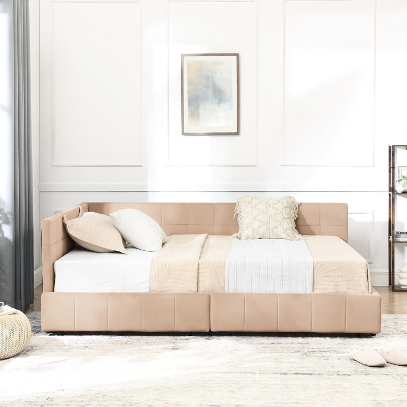 Structure de lit double de style Mid-Century avec housse en velours - Lit de jour rose pour tablette de meuble de chambre à coucher et de salon