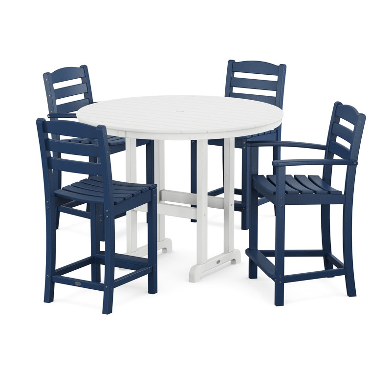 POLYWOOD La Casa Café 5-Piece Round Farmhouse Counter Dining Set, Navy/White