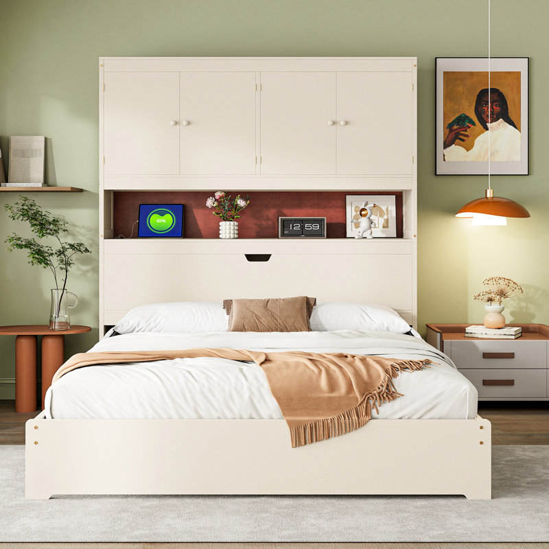Lit double crème avec espace sous le tiroir et plateforme de raccordement pour tête de lit, options de rangement