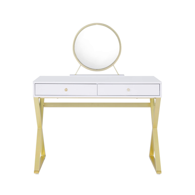 Rectangular White & Gold Finish Vanity Desk With Crystal Handle, Metal Frame, Mirror Jewelry Tray, 2 Drawers Center Glide Featuring Highlights, Form, Removeable Mirror, Storage