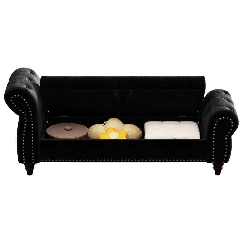 Banc de chambre 64,5 po en velours noir avec rangement magnétique, Noir
