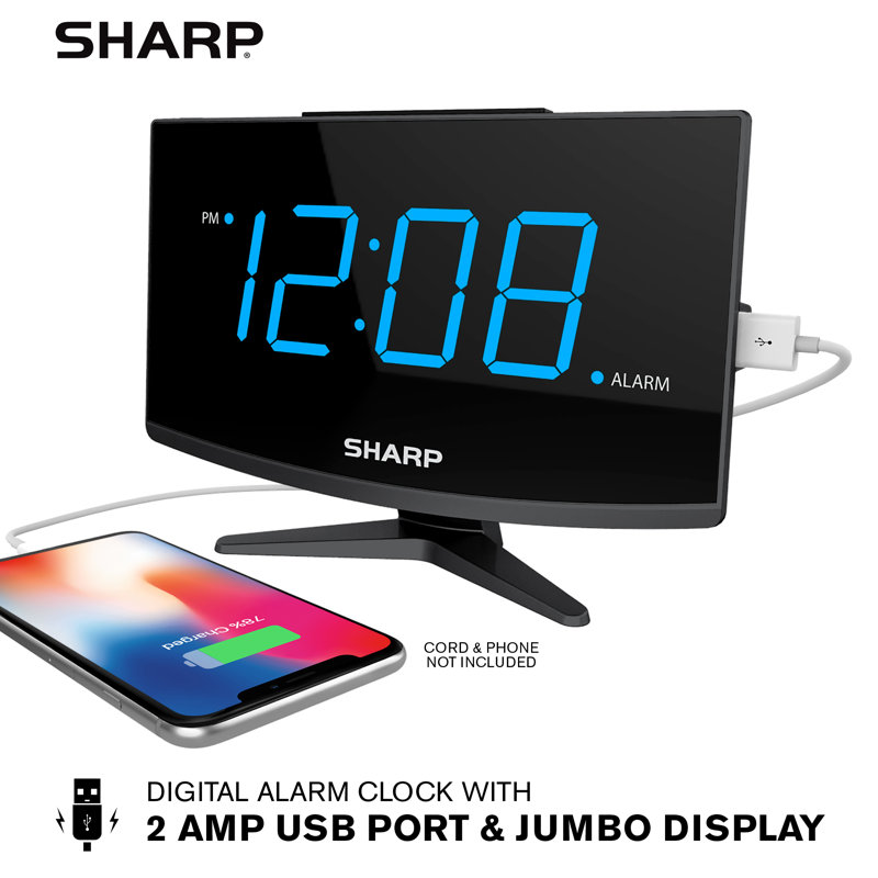 Réveil numérique Sharp, grand écran, USB 2 ampères FastCharge, affichage numérique à DEL bleu