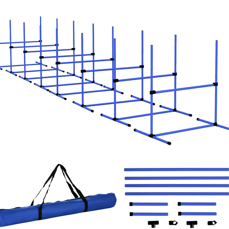 Parcours d'agilité pour 8 chiens avec hauteur de saut réglable, plastique bleu, sac de transport pour faciliter la gestion des barres, mouvement, travaux sur béton