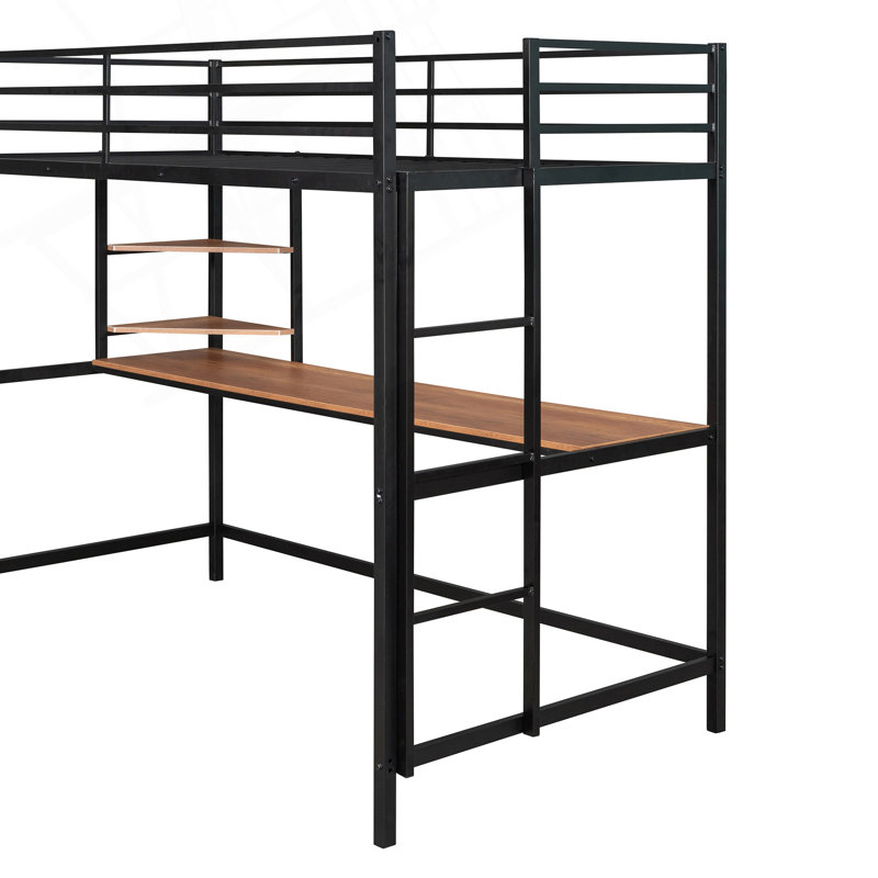 Lit mezzanine simple en métal avec bureau et tablettes, Noir