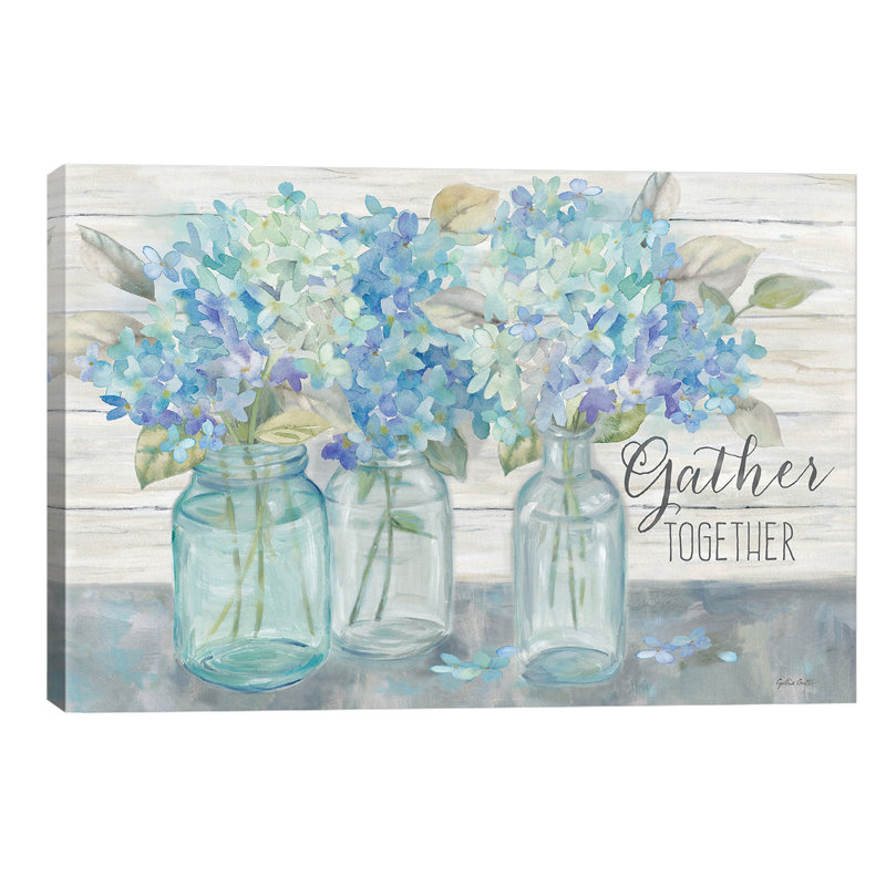 Farmhouse Hydrangeas In Mason Jars - Gather by Cynthia Coulter - Wrapped Canvas Painting, 30.48 cm H x 45.72 cm W