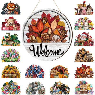 Interchangeable Welcome Sign,Classic Color,Welcome | Front Door Wreath Decor, Seasonal Wood Hanging Sign