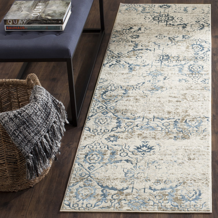 Florence-Graham Pp Viscose Cotton Weft + Warp Latex Floral Rug in Blue/Creme