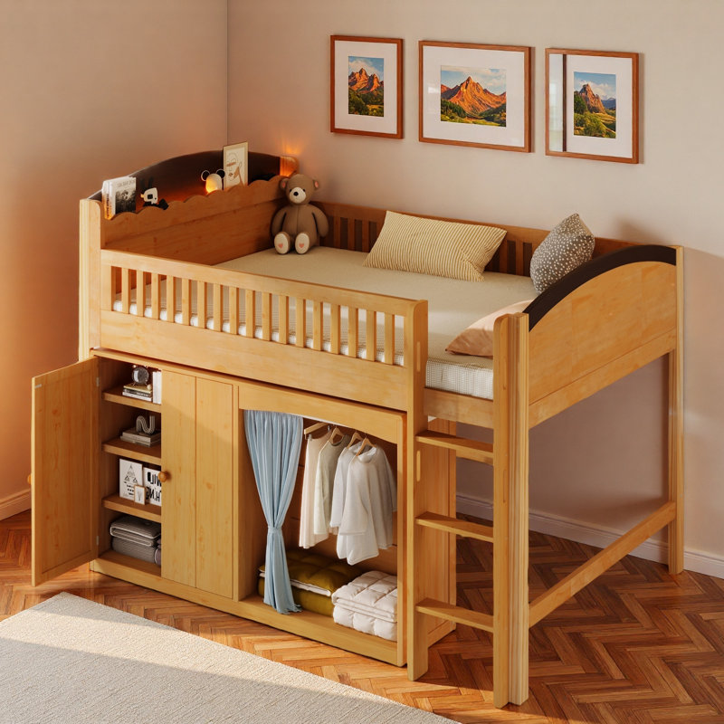Lit mezzanine avec armoire de rangement, garde-robe et DEL, Bois