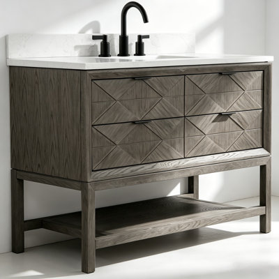 48" Freestanding Single Sink Solid Wood Grey Oak Bathroom Vanity with Engineered Marble Top
