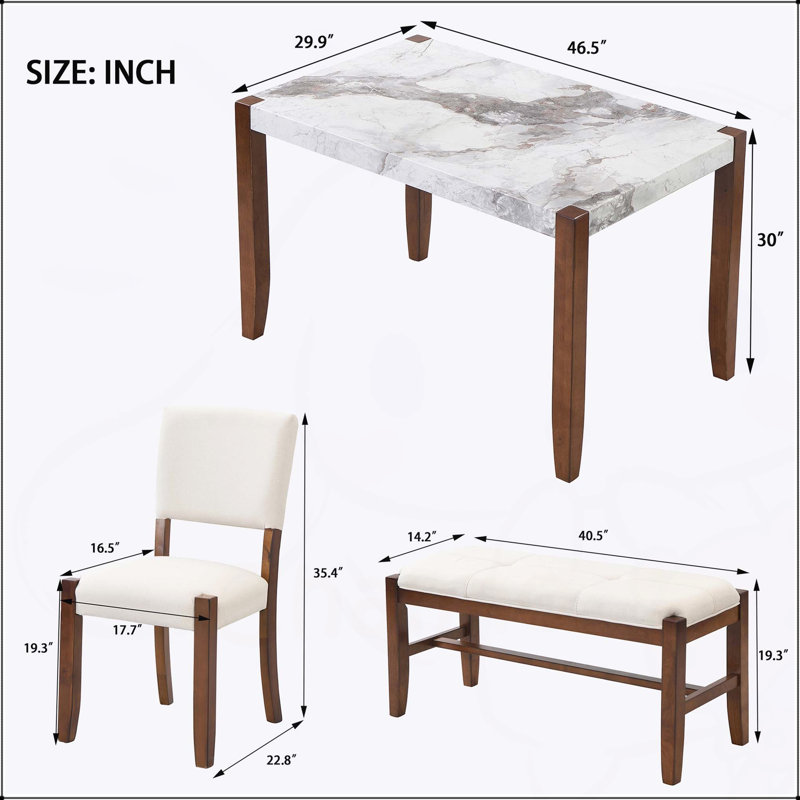 Ensemble de mobilier de salle à manger moderne 4 pièces avec table en faux marbre et chaises et banc rembourrés, conception peu encombrante pour la cuisine et la salle à manger
