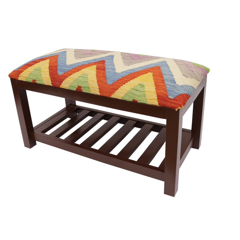 Banc de rangement rembourré avec tablettes, Rouille / bleu / chevron beige, H 20 po x l 36 po x P 18 po