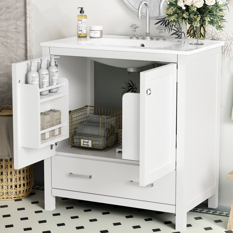 Armoire de salle de bain 30 po avec lavabo simple, finition blanche, fabrication en bois massif, 2 portes et 1 tiroir, meuble-lavabo spacieux, + armoire, solution élégante encastrée