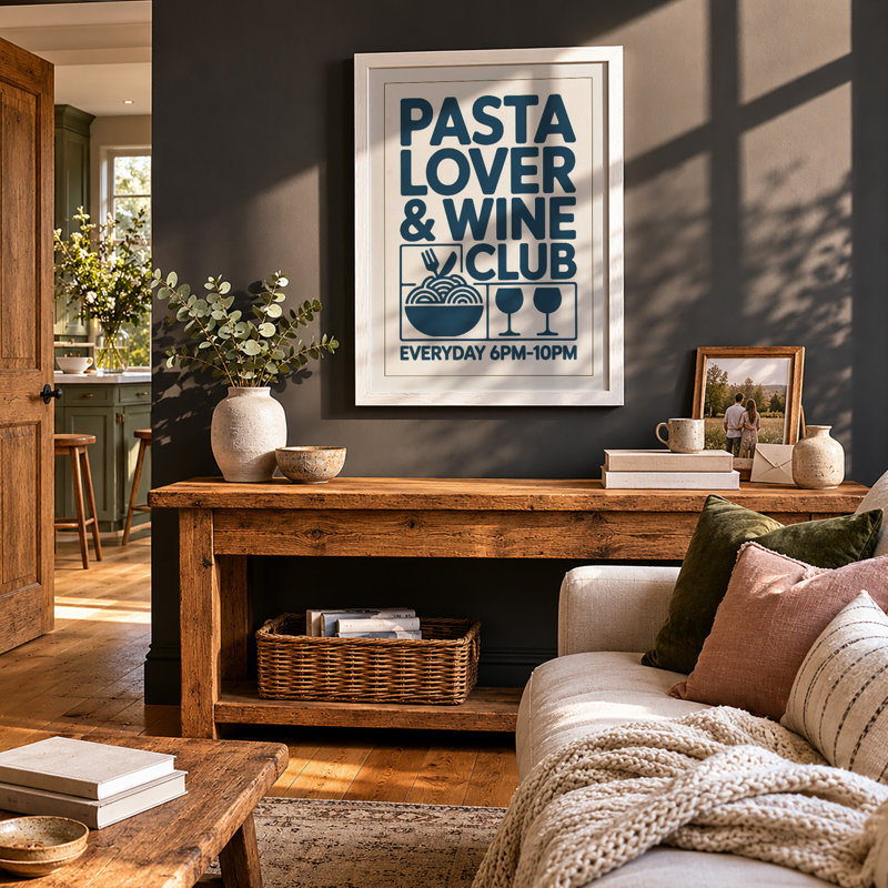 Pasta & Wine Club Typography - Framed Print, A2 - 59.4 x 42.0 cm, White