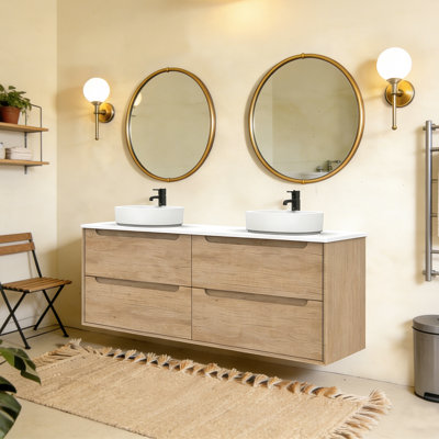 Meuble-lavabo mural en chêne naturel avec vasque ronde en céramique