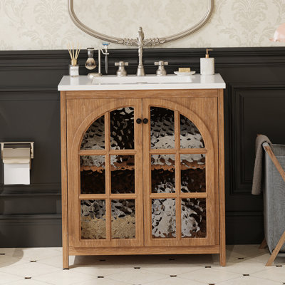Meuble-lavabo vintage 31 po avec lavabo en céramique, poignées en bronze et verre trempé, naturel antique