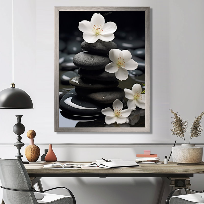 Zen Zen Serenity fleurs blanches pierre noire Cairn - impressions spirituelles sur pierre, H 20 po x l 12 po, Argent argent