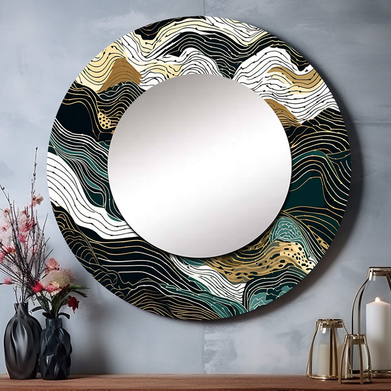 Omo Exploration Abstracted Lines III - miroir d'art linéaire, miroir mural rond vert unique, 36 po x 36 po