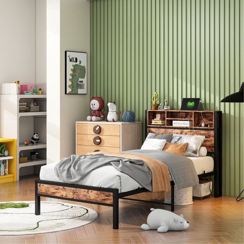Structure de lit simple avec rangement de charge et de bibliothèque, lit plateforme en métal, station de bruit sans attrait esthétique, 4 tablettes de rangement dans la tête de lit, utilisation dans une chambre à coucher de style industriel rétro, assemblage facile